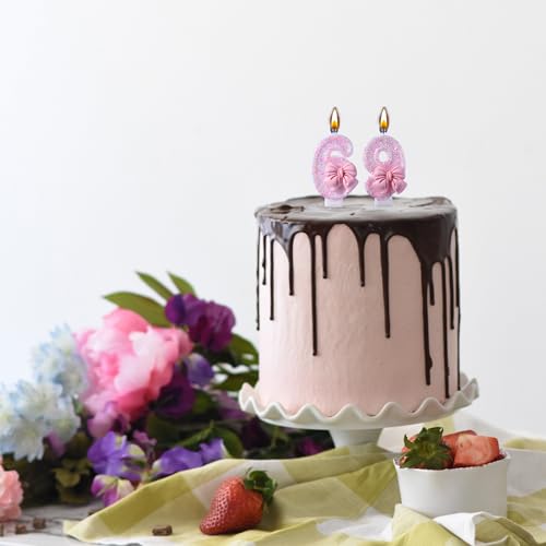 Elegant 69th 96th Birthday Candles with Pink Glitter Bow