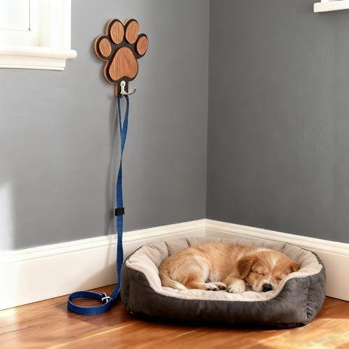 Wooden Dog Leash Holder with 3D Paw Design - Wall Organizer Hooks