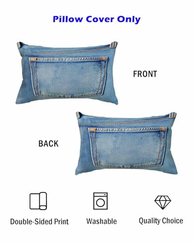12x20 Faux Denim Throw Pillow Cover with Printed Jean Pocket Design