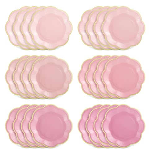 60 Pcs Pink Paper Plates - 7 Inch Gradient with Gold Edge
