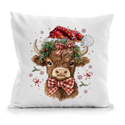 Christmas Highland Cattle Pillow Cover 18x18 - Farmhouse Cow Decor, Highland Cow Christmas Variation