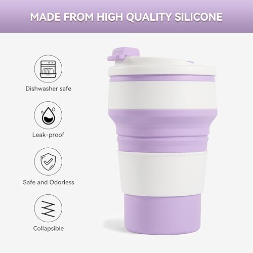 12oz Collapsible Cup for Traveling, Collapsible Silicone Travel Cup for Hot and Cold Drinks, Leak Proof Silicone Folding Travel Coffee Mug for Camping & Hiking, BPA Free Purple