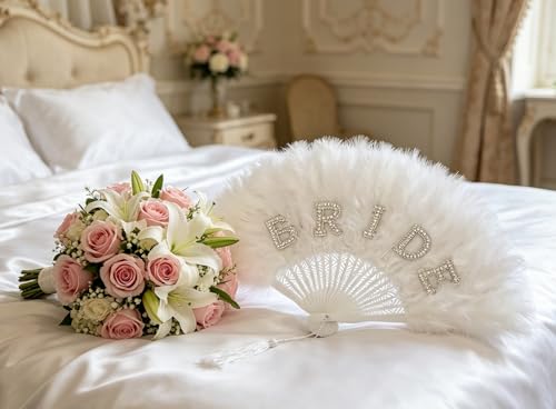 White Feather Bridal Hand Fan with Rhinestones for Wedding & Bachelorette Parties