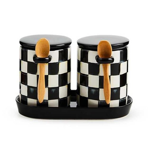 MACKENZIE-CHILDS Set of 2 Farmhouse Canister, Lidded Kitchen Canister with Spoon, Black-and-White Courtly Check