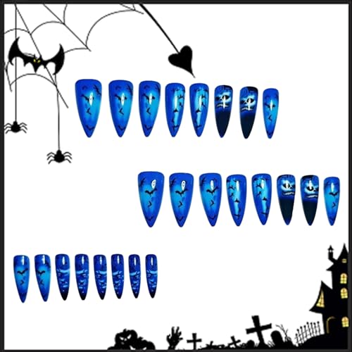 Halloween Press on Nails Long Almond Blue Skull Bat Acrylic False Nails