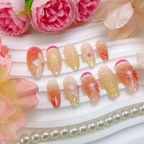Sutaozhi Pink Flower Press On Nails Medium Almond Cherry Blossom Acrylic False Nails