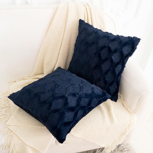 Navy Blue Faux Fur Plush Throw Pillow Covers 18x18 (Pack of 2)