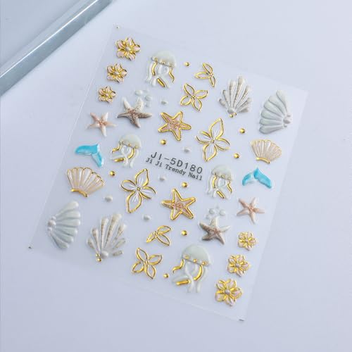 5D Embossed Summer Ocean Nail Art Stickers Self-Adhesive Beach Decals