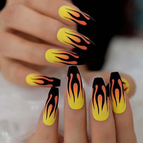 Elevenail Matte Coffin Press on Nails - Halloween Fire Pattern False Nails
