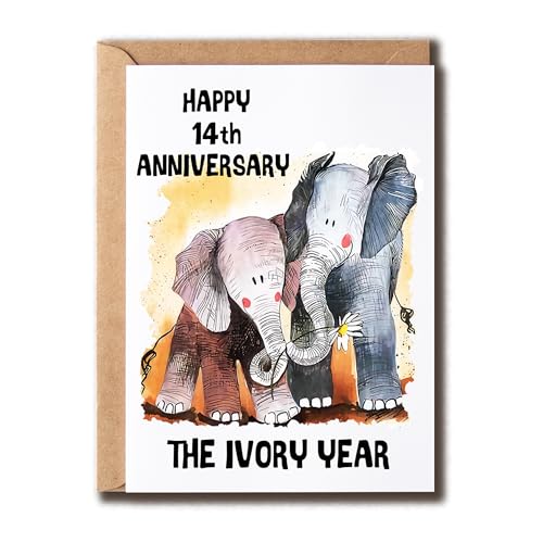 Happy 14th Anniversary Card - Elephants Design, 5x7 inches