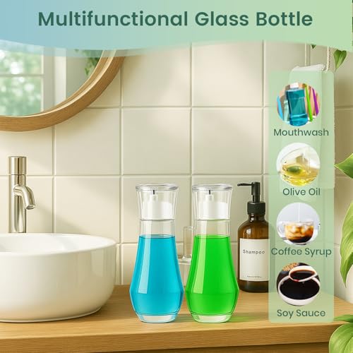 Tokusatsu Glass Mouthwash Dispenser with Cup Lid, 8.8 oz Bathroom Decanter