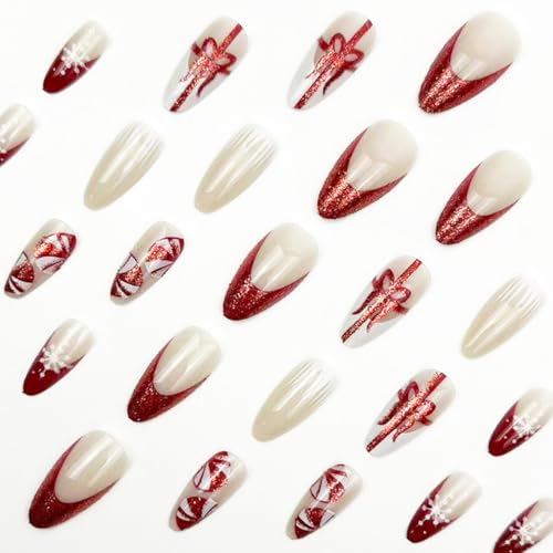 Christmas Press on Nails Almond Red French Tip False Nails