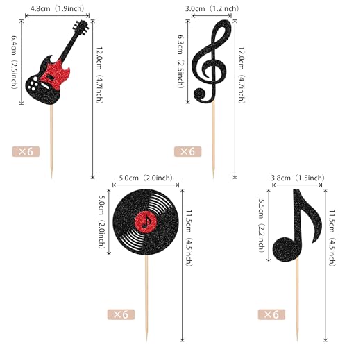 24 PCS Music Notes Cupcake Toppers Design 1 - Glitter Guitar & Vinyl Record Cake Picks