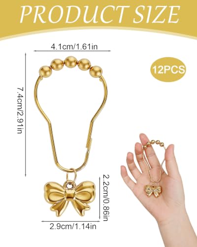 Gold Bow Shower Curtain Hooks 12-Pack - Rustproof Decorative Ring Set