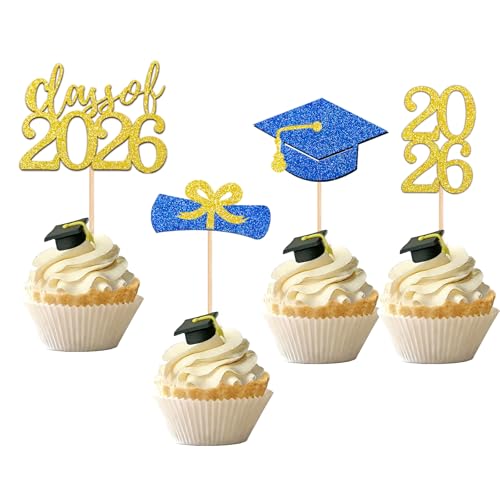 24Pcs Graduation Cupcake Toppers - Class of 2026 Black & Gold
