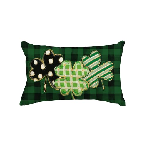 AVOIN colorlife St Patricks Day Clover Pillow Cover 12x20 Dark Green Buffalo Plaid Shamrock Cushion for Sofa Couch