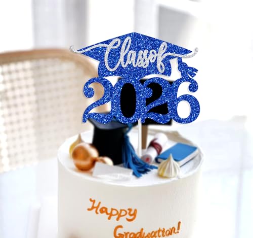 Class of 2026 Graduation Cake Topper - Blue & Silver Glitter