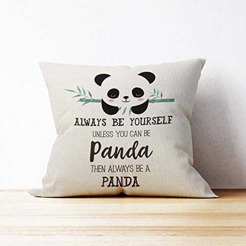 Panda Throw Pillow Cover 18x18 Beige Cotton Linen Decorative Case