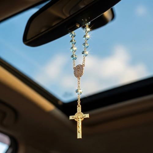 Elegant Blue Rosary Pendant for Car Rearview Mirror Hanger
