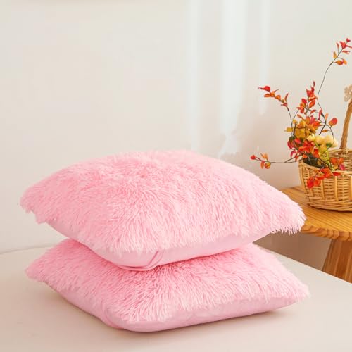 Besfunny Pink Faux Fur Throw Pillow Covers 18"x18", Soft Fuzzy Set of 2