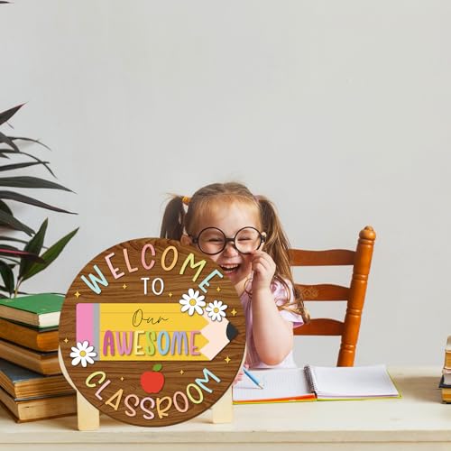 Pencil Welcome Sign - Wooden Hanging Classroom Decor with Apples & Flowers