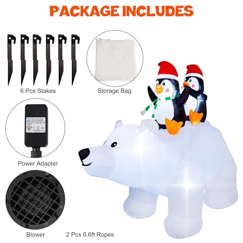6.5 Foot Tall Christmas Inflatable Penguins on Polar Bear with LED Lights Outdoor Indoor Holiday Decoration - Penguins on Polar Bear Variant