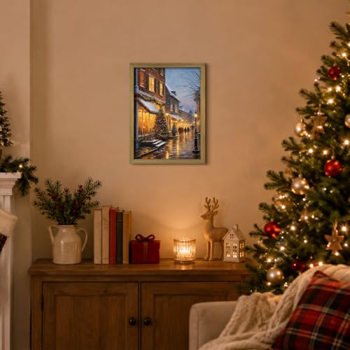 Christmas Wall Art Canvas Print Framed Vintage Snow Street Scene 16x12 - Red Barn