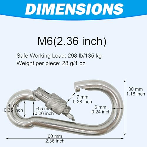 304 Stainless Steel Carabiners -2.36 inch Heavy Duty, Durable & Rust-Free Clips for Gym, Swing, Dog Leashes, Hammocks, Keychains, and More(304,M6 with Screw,Pack of 6)