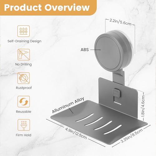 HASSLICKIT Suction Cup Soap Holder - Rustproof Wall Mounted Dish, Matte Grey