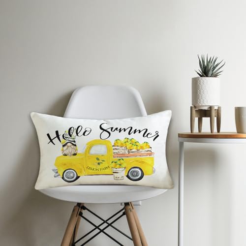 12x20 Inch Summer Throw Pillow Cover - Yellow Truck & Gnome