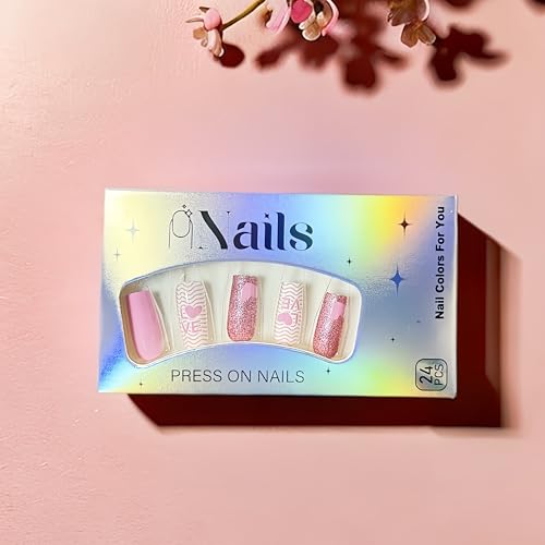 Pink Heart Press on Nails Medium Square Fake Nails with Glitter