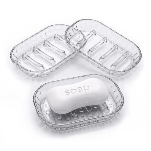 YREKAX 3-Pack Clear Soap Dish with Drainage for Shower and Kitchen Sink