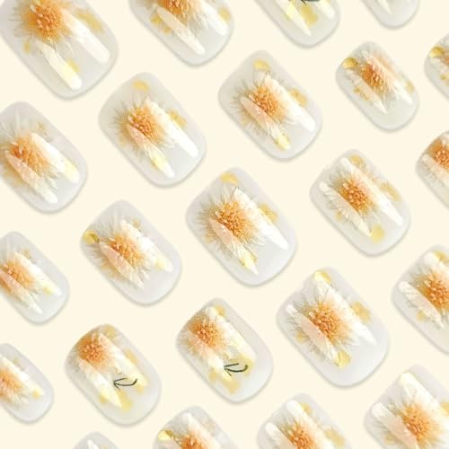 Short Square Press on Nails White Flower False Nails 24pcs