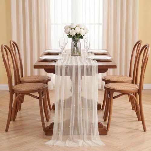 Ivory Pearl Tulle Table Runner 10FT Gauze Sheer Decor for Wedding Party