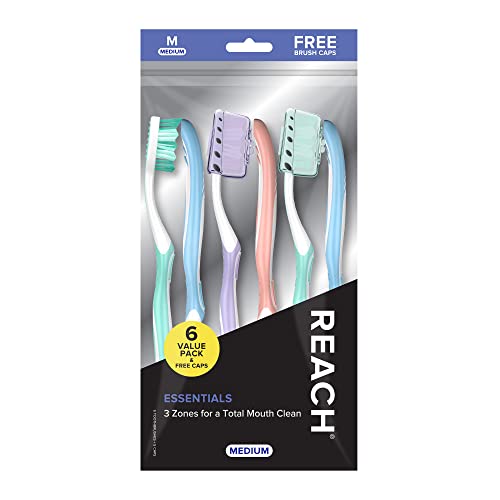 Reach Essentials Medium Toothbrushes with Caps, 6 Count