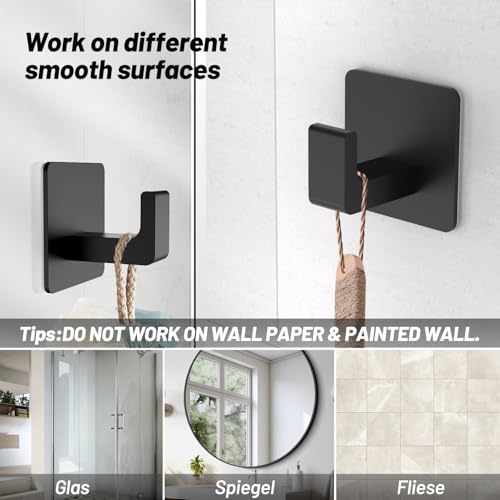 Adhesive Towel Hooks - 4 Pack Matte Black Heavy Duty Towel Holders