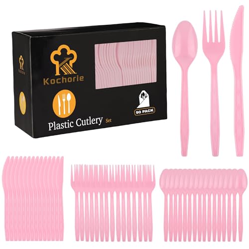 Kochorie 90-Piece Pink Disposable Plastic Cutlery Set - Heavy Duty Flatware