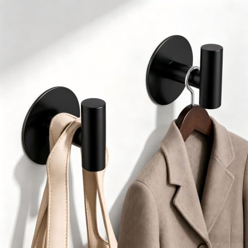 Heavy Duty Self-Adhesive Coat Hooks - Stainless Steel Wall Hooks (2 Pack, Black)
