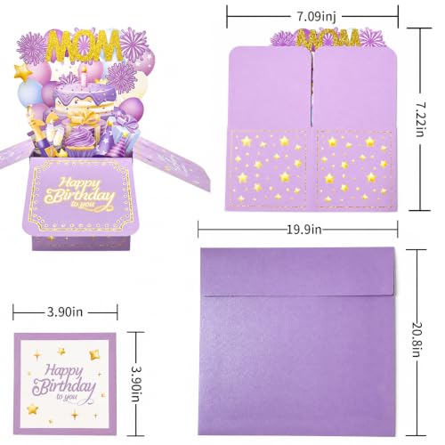 3D Pop Up Birthday Card for Mom - Purple and Gold Cake Design with Envelope