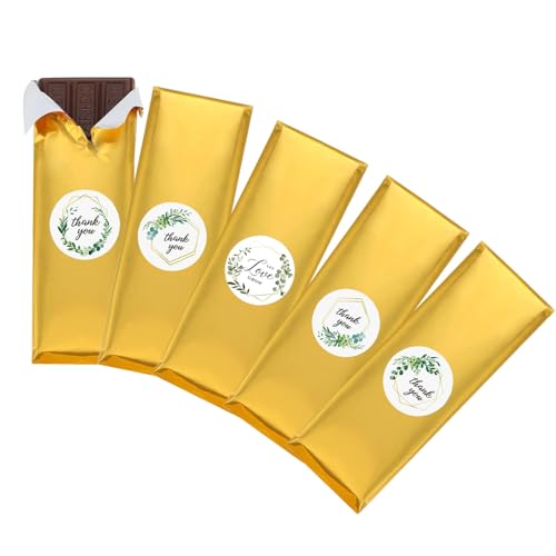 100 Pack Gold Foil Candy Bar Wrappers with Stickers, 6"x7.5"