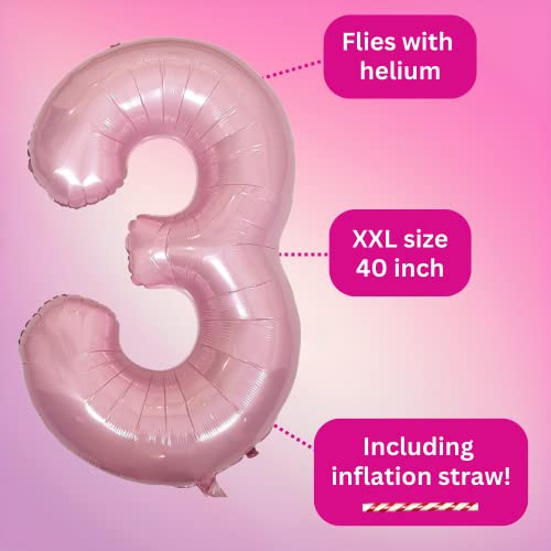 40 Inch Pastel Pink Number 3 Balloon - Large Foil Decoration