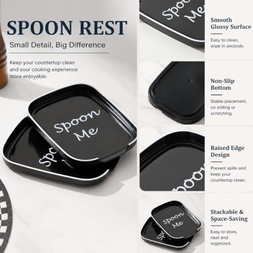Homquen Spoon Rest - Black Plastic Kitchen Gadget Holder, 5.7x4.3 Inch