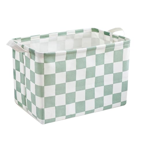 Sage Green Checkered Canvas Storage Basket - 15" x 10" x 10"