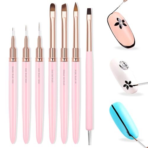WOKOTO 7-Piece Pink Nail Art Brush Set for Acrylic and Gel Nails