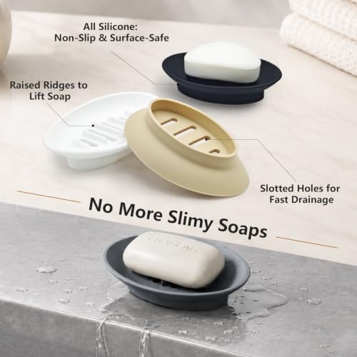 Aenfaiy Silicone Soap Holder - Self-Draining Soap Dish for Shower (Black, 2pcs)