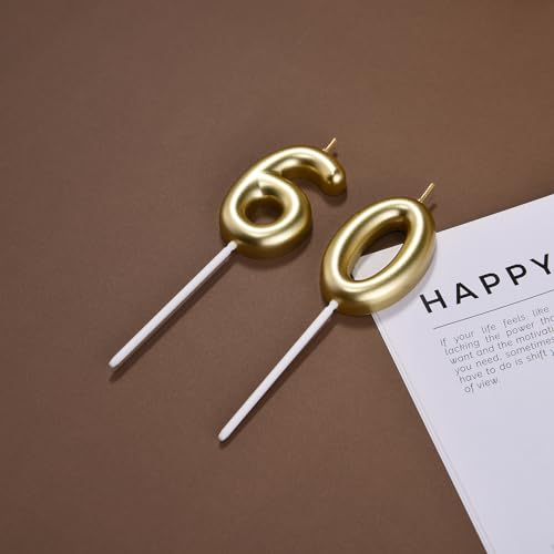 Number 60 Gold Birthday Candles, 2.35-Inch 3D Diamond Cake Topper Set