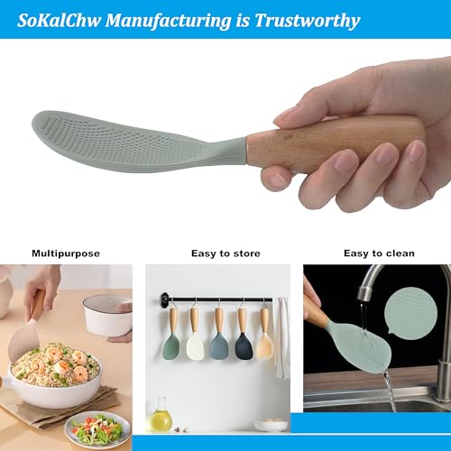 Green Silicone Rice Spoon with Wooden Handle - Heat-Resistant Cooking Utensil