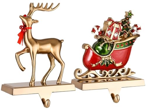 Set of 2 Christmas Stocking Holders with Reindeer & Sled Car Design for Fireplace Mantel Decor