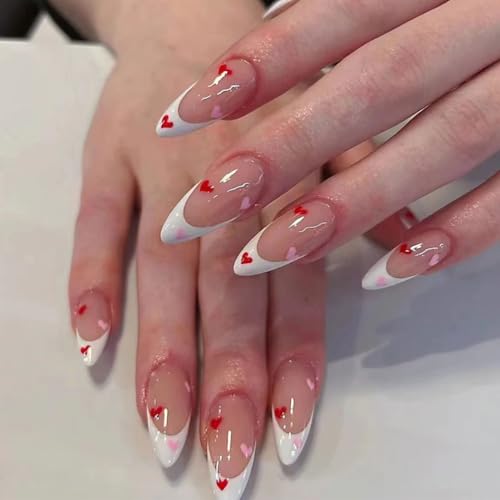 Valentine Long Almond Press On Nails with White French & Red Hearts