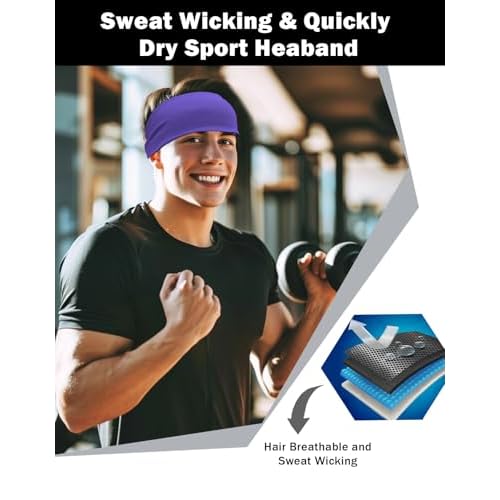 6 Pack Sport Headbands for Men & Women, Sweat Wicking Workout Sweatband, Bright Hairband for Running, Cycling, Football, Yoga
